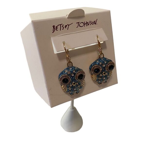 Betsey Johnson Sparkly Blue Pave Crystal & Antiqued Gold Toned Owl Leverbacks - Picture 3 of 8